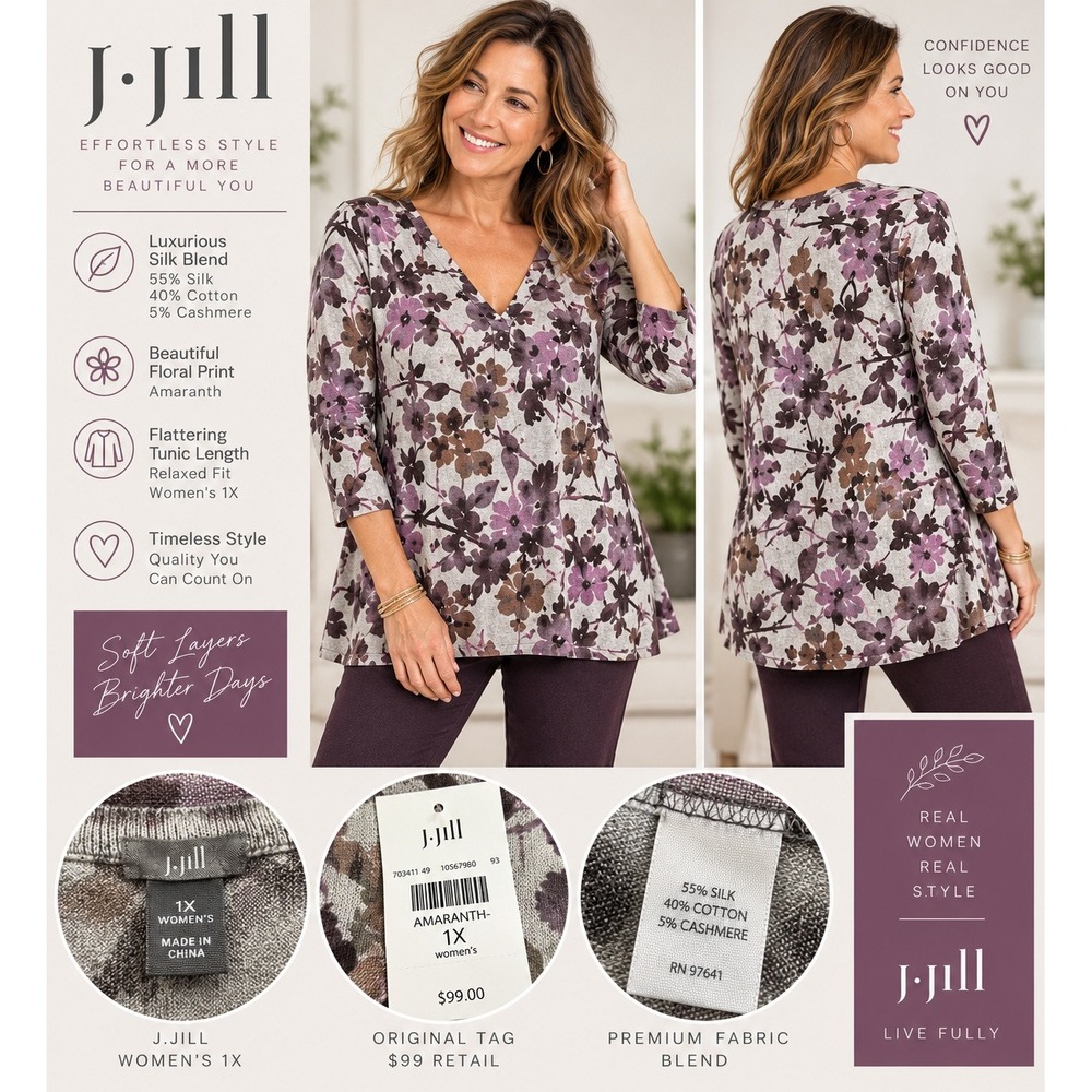 J. Jill Amaranth Silk Cotton Cashmere Floral V-Neck Sweater Top Grey Purple 1X